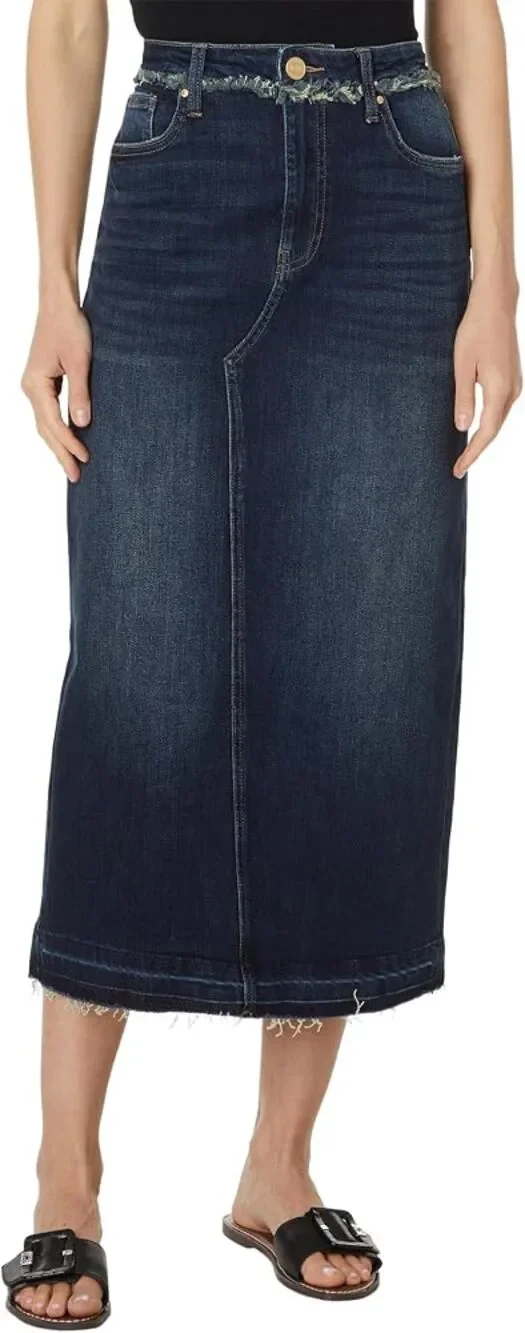 Kut Kelly Dark Wash Denim Raw Hem Fringe Trim 5 Pocket Midi Skirt Womens 10